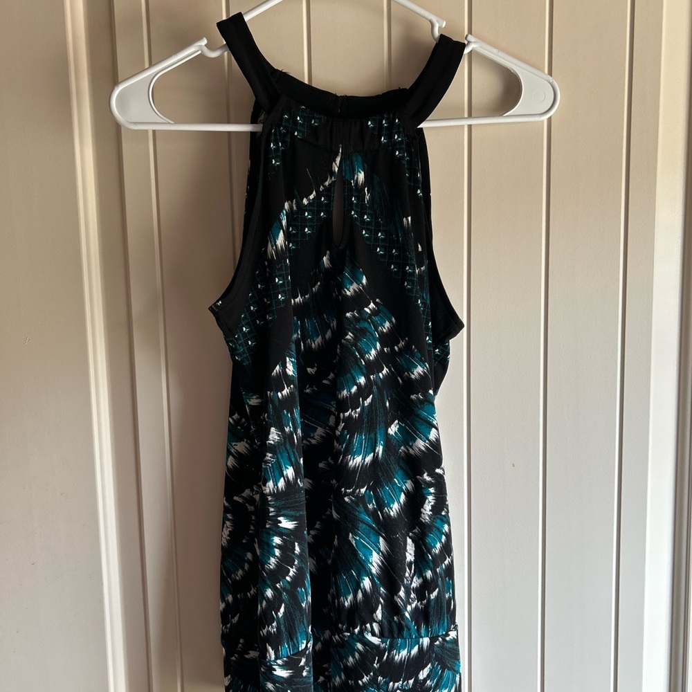 White House Black Market Stylish Black and Teal Patterned Top